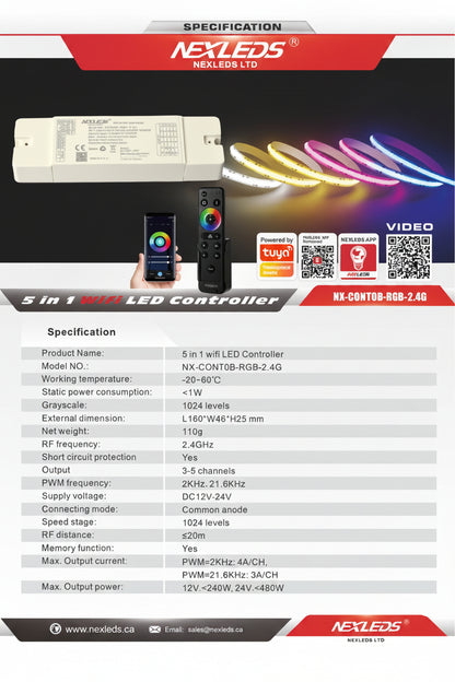 A product specification sheet for the NEXLEDS NX-CONT08-ROB-2.4G 5-in-1 LED controller.