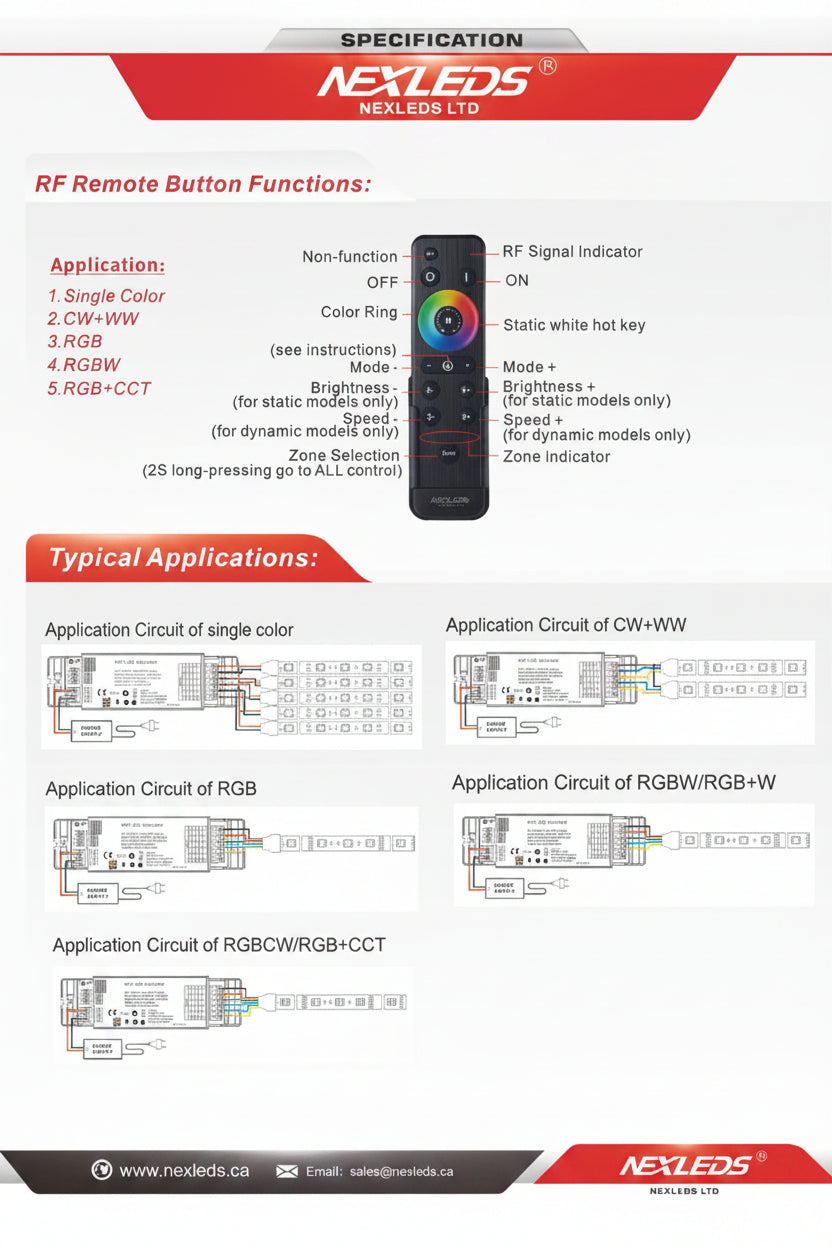 Nexled 5-in-1 WiFi LED Controller-12-24V, Dim/CCT/RGB/RGBW/RGBCW, 2.4G Remote
