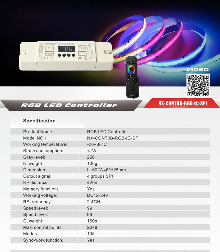 Specification sheet for the NEXLEDS NV-CONT18-RGB-IC-SP1 RGB LED controller, showing a white rectangular controller unit, a black remote control, and colorful RGB light strips on a dark background, with a detailed spec table below.