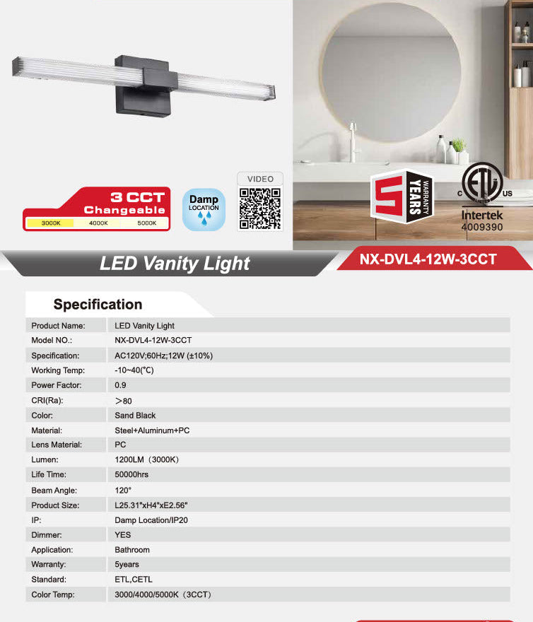 Nexled LED Vanity Light — 12W, 1200lm, Ribbed Clear Bar, 3CCT, Sand Black (ETL)