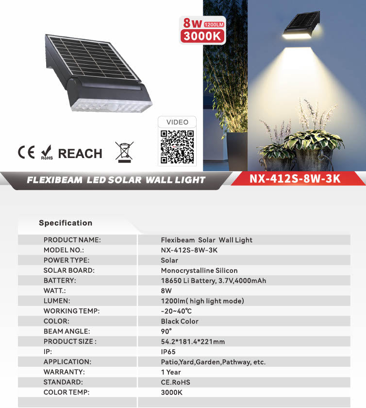 Nexled Flexibeam Solar Wall Light  8W, 1200lm, 3000K, IP65