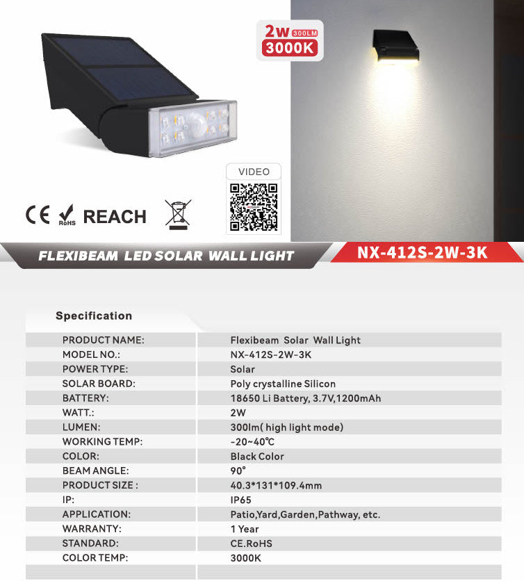 Nexled Flexibeam Solar Wall Light  2W, 300lm, 3000K, IP65