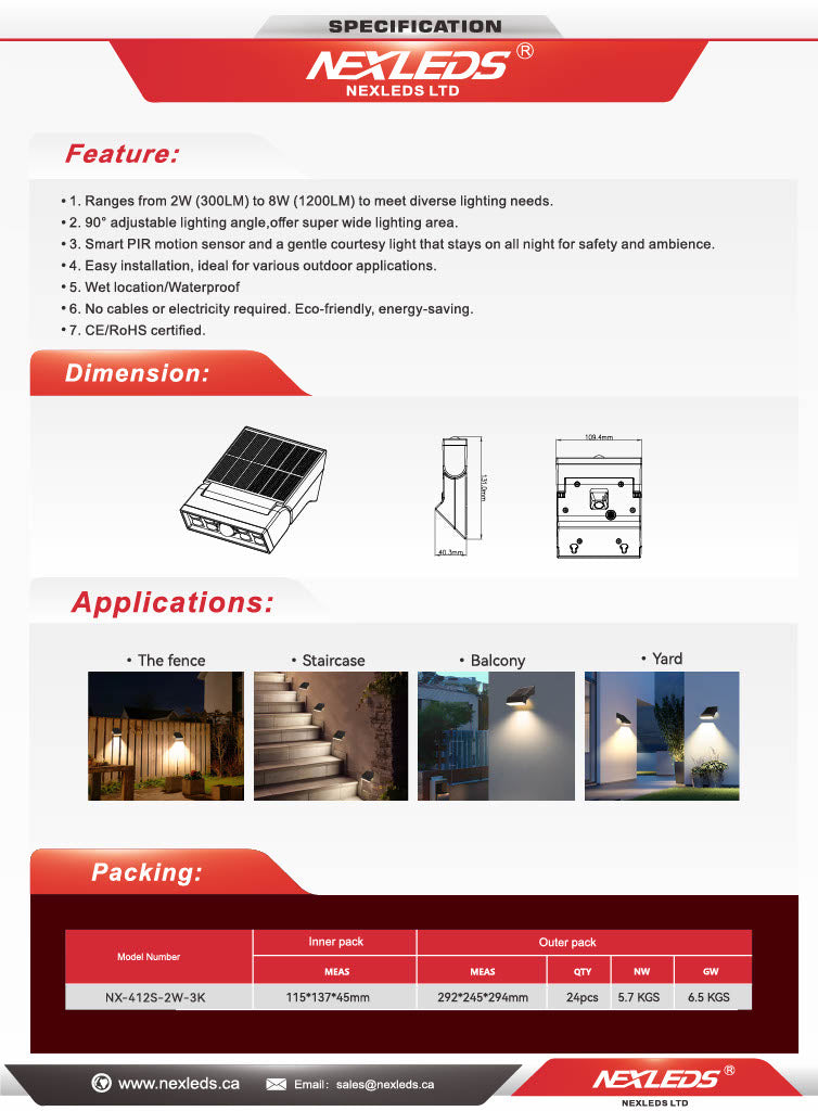 Nexled Flexibeam Solar Wall Light  2W, 300lm, 3000K, IP65