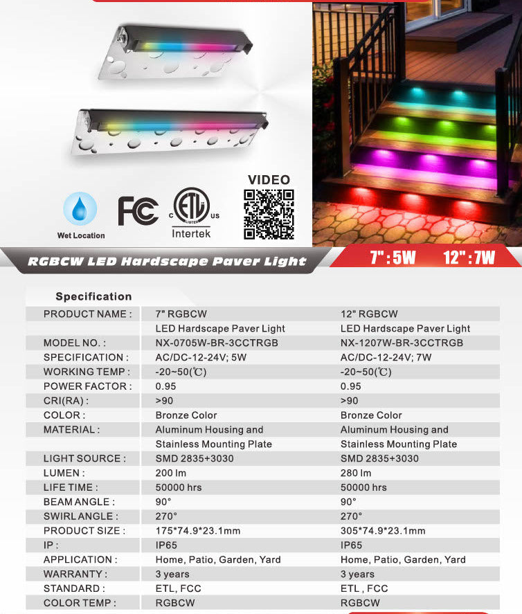 Nexled RGBCW LED Hardscape Paver Light -7"/12", 12-15V, IP65 (ETL/FCC)
