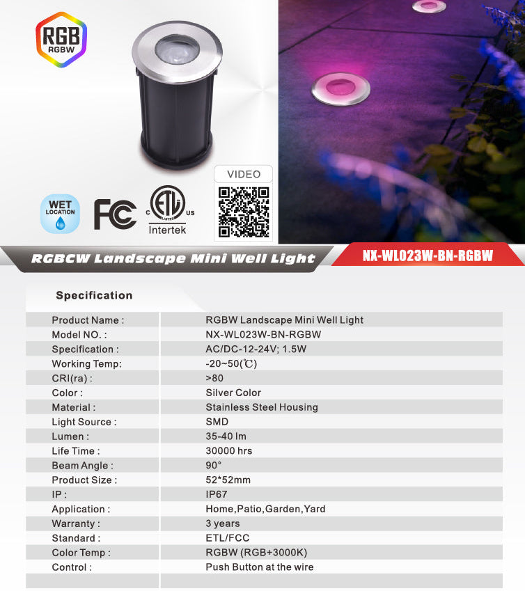 Nexled RGBW Landscape Mini Well Light  1.5W, 12-24V, Stainless Steel, IP67 (ETL/FCC)