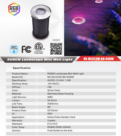 Nexled RGBW Landscape Mini Well Light  1.5W, 12-24V, Stainless Steel, IP67 (ETL/FCC)