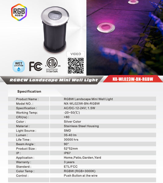 Nexled RGBW Landscape Mini Well Light  1.5W, 12-24V, Stainless Steel, IP67 (ETL/FCC)