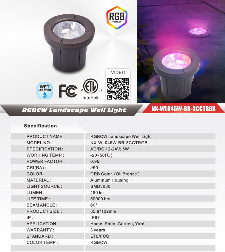 Nexled RGBCW Landscape Well Light ,5W, 12-24V, 480lm, IP67 (ETL/FCC)