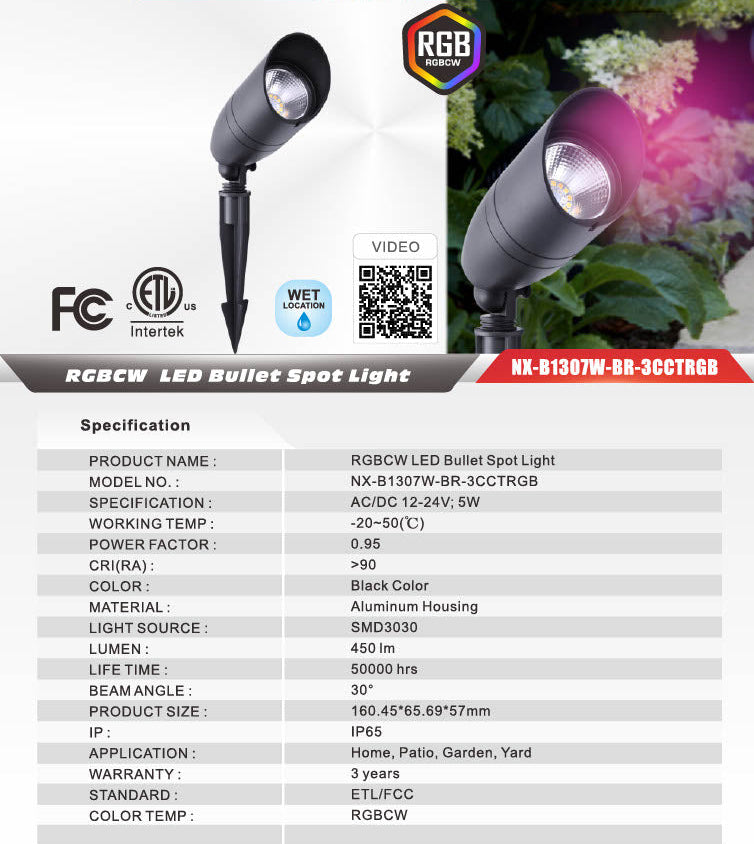 Nexled RGBCW LED Bullet Spot Light , 5W, 12-24V, 450lm, IP65 (ETL/FCC)