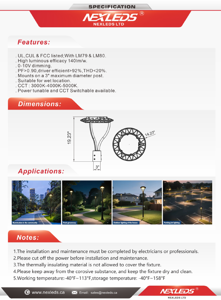 Nexled LED Post Top Light  150W/100W/70W Selectable, 3CCT, 21000lm, IP65 (UL, DLC)