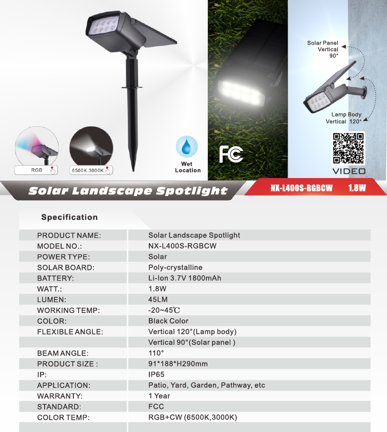 RGB colour-changing solar spotlight for gardens
