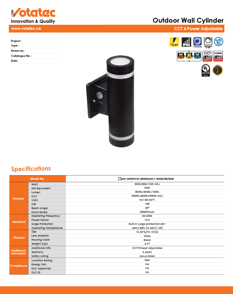 Votatec Up/Down Cylinder Wall Light 10W/20W/30W ADJ - 3CCT, IP65