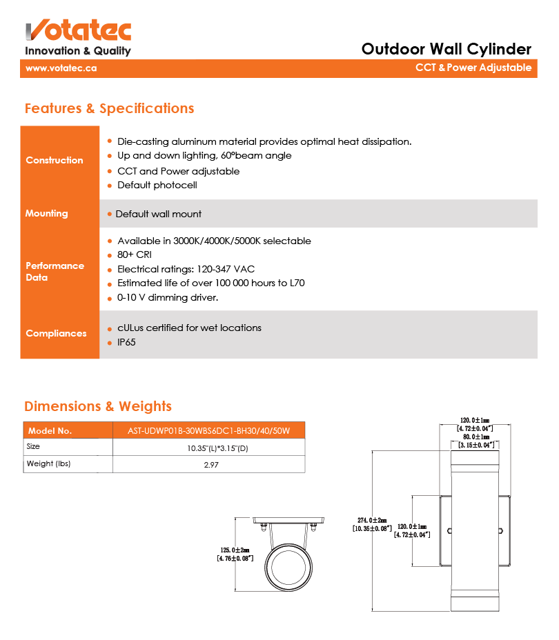 Votatec Up/Down Cylinder Wall Light 10W/20W/30W ADJ - 3CCT, IP65