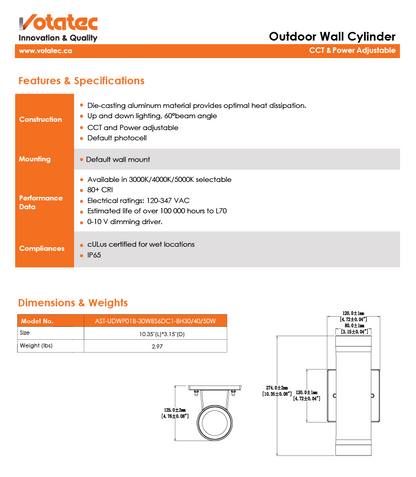 Votatec Up/Down Cylinder Wall Light 10W/20W/30W ADJ - 3CCT, IP65