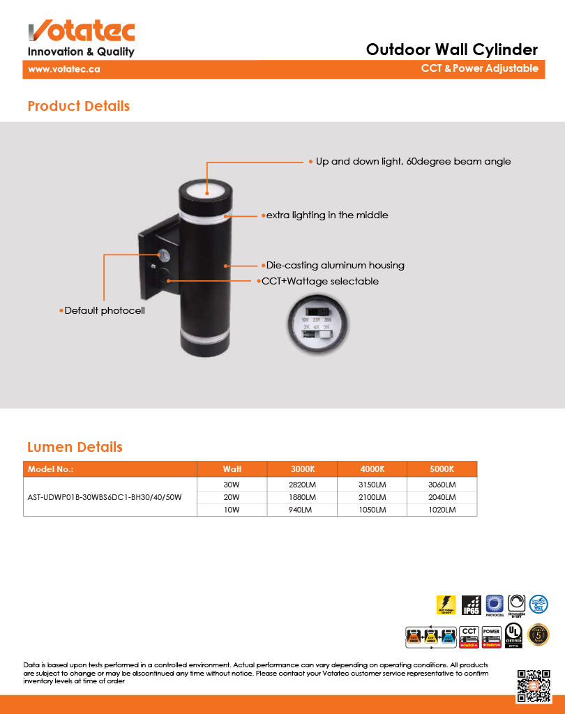 Votatec Up/Down Cylinder Wall Light 10W/20W/30W ADJ - 3CCT, IP65