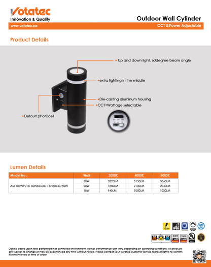 Votatec Up/Down Cylinder Wall Light 10W/20W/30W ADJ - 3CCT, IP65