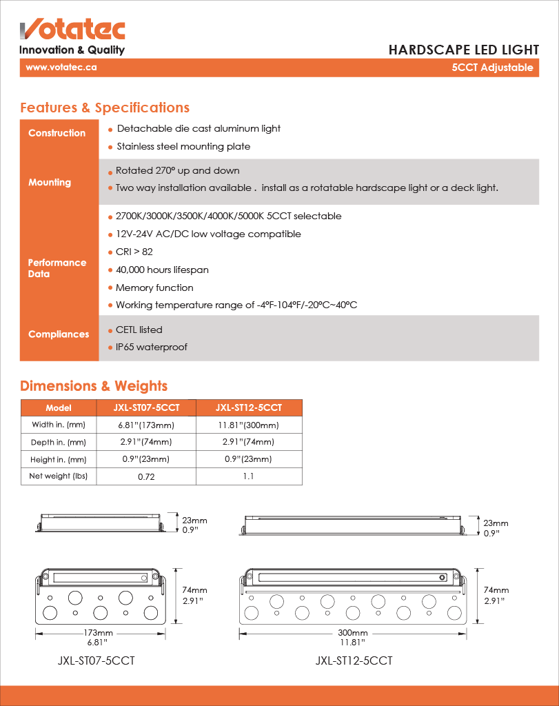 Votatec LED Hardscape Step & Deck Light Low Profile,IP65 5CCT