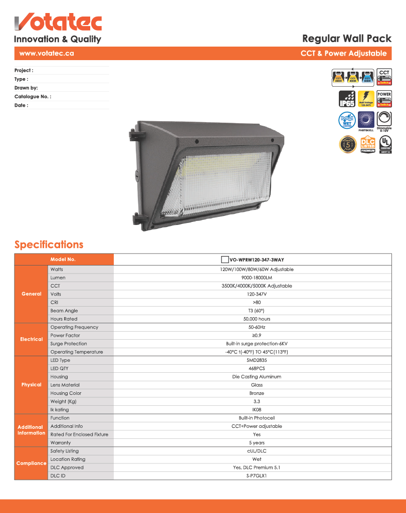 Votatec Regular LED Wall Pack 80W/100W/120W |120V-347V| ADJ Wattage,Beam angle & 3CCT, IP65 with Photocell