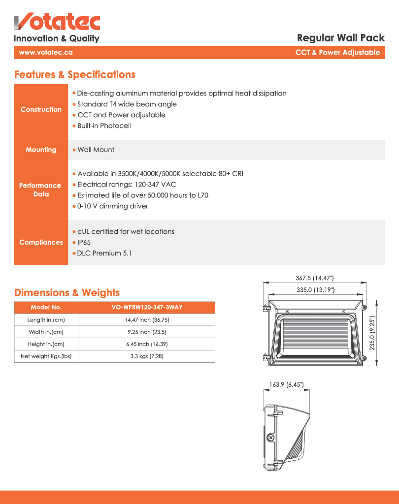 Votatec Regular LED Wall Pack 80W/100W/120W |120V-347V| ADJ Wattage,Beam angle & 3CCT, IP65 with Photocell
