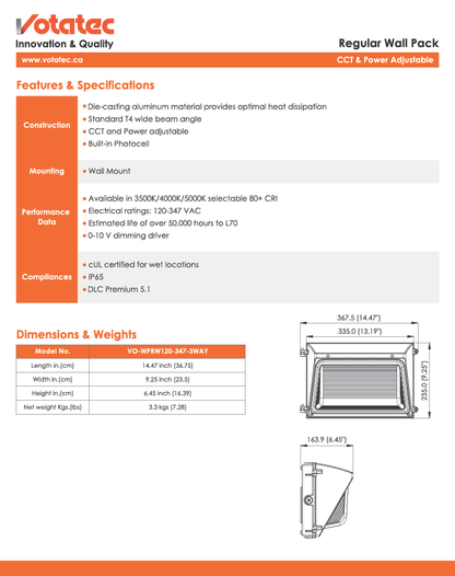 Votatec Regular LED Wall Pack 80W/100W/120W |120V-347V| ADJ Wattage,Beam angle & 3CCT, IP65 with Photocell