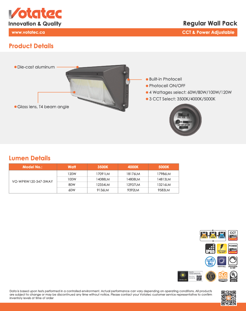 Votatec Regular LED Wall Pack 80W/100W/120W |120V-347V| ADJ Wattage,Beam angle & 3CCT, IP65 with Photocell