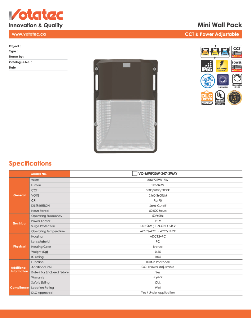 Votatec Mini LED Wall Pack 15W/20W/30W ADJ,3CCT, Photocell, IP65