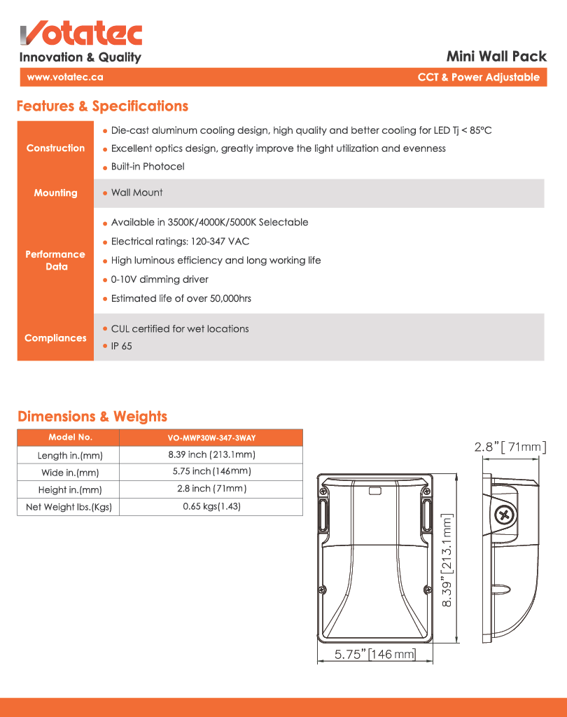 Votatec Mini LED Wall Pack 15W/20W/30W ADJ,3CCT, Photocell, IP65