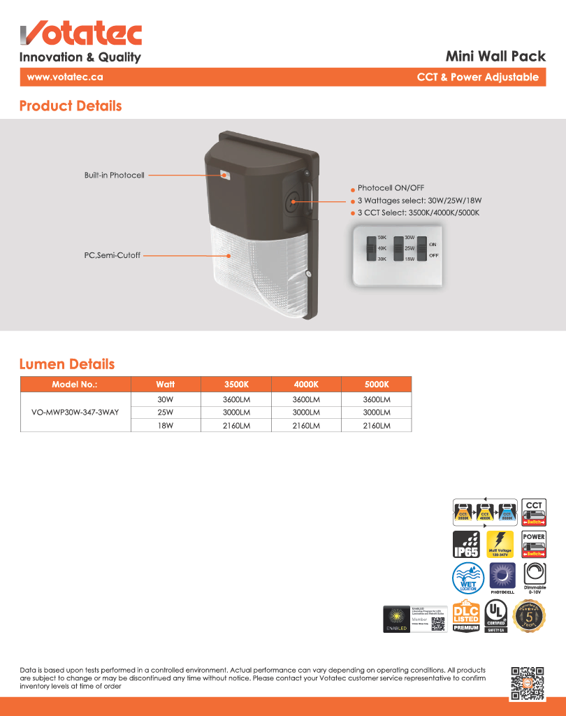 Votatec Mini LED Wall Pack 15W/20W/30W ADJ,3CCT, Photocell, IP65