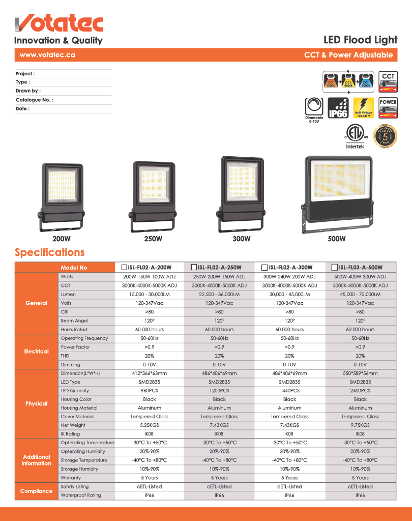 Votatec LED Flood Light 100W/150W/200W — CCT & Power Selectable, IP66