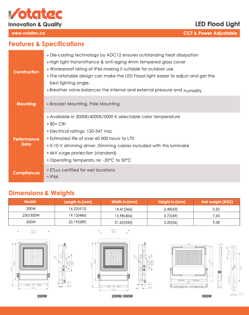 Votatec LED Flood Light 100W/150W/200W — CCT & Power Selectable, IP66