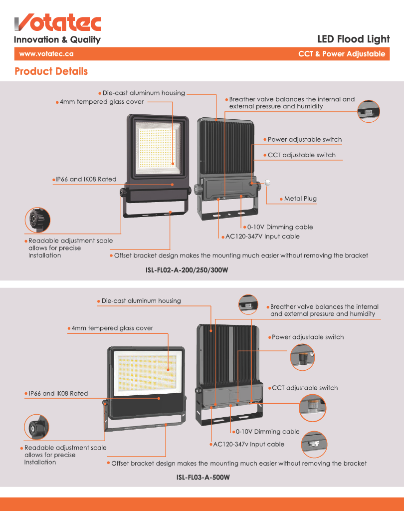 Votatec LED Flood Light 100W/150W/200W — CCT & Power Selectable, IP66