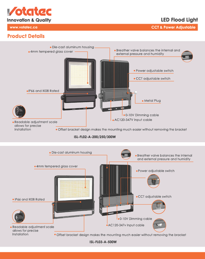 Votatec LED Flood Light 100W/150W/200W — CCT & Power Selectable, IP66