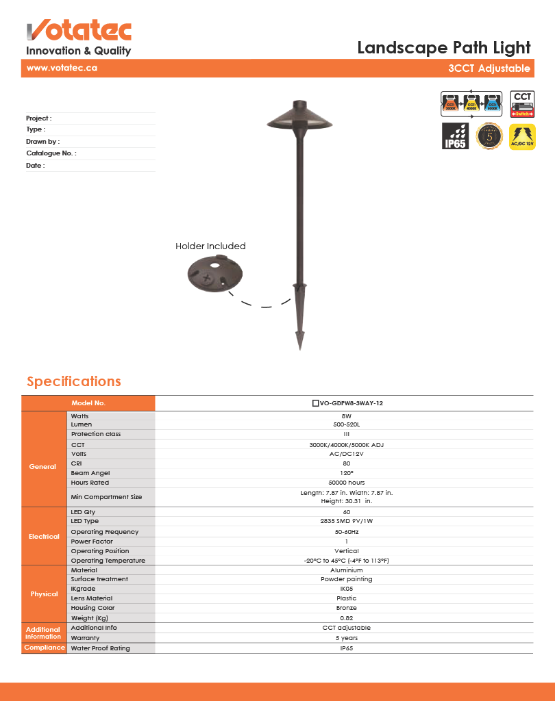 Votatec LED Path Light — Spike Mount, 3CCT , IP65