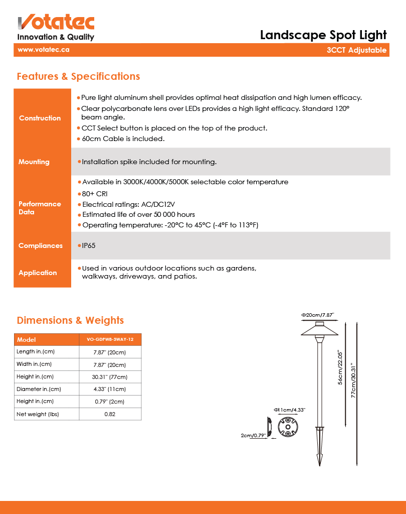 Votatec LED Path Light — Spike Mount, 3CCT , IP65