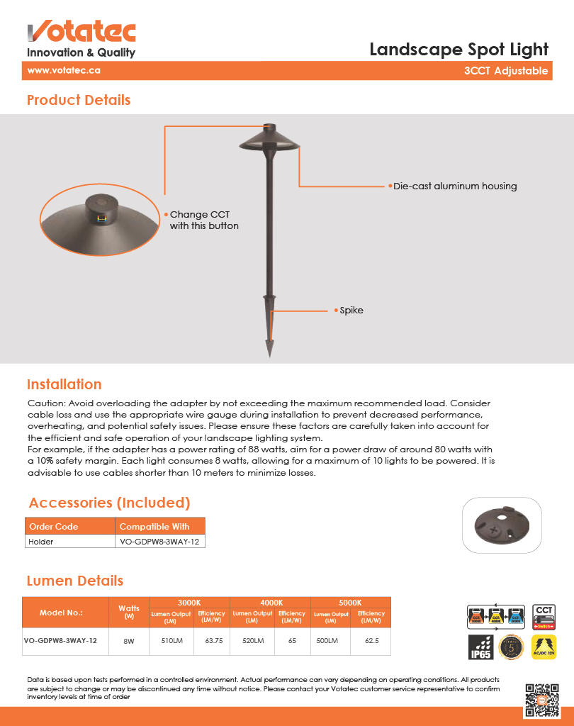 Votatec LED Path Light — Spike Mount, 3CCT , IP65
