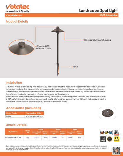Votatec LED Path Light — Spike Mount, 3CCT , IP65