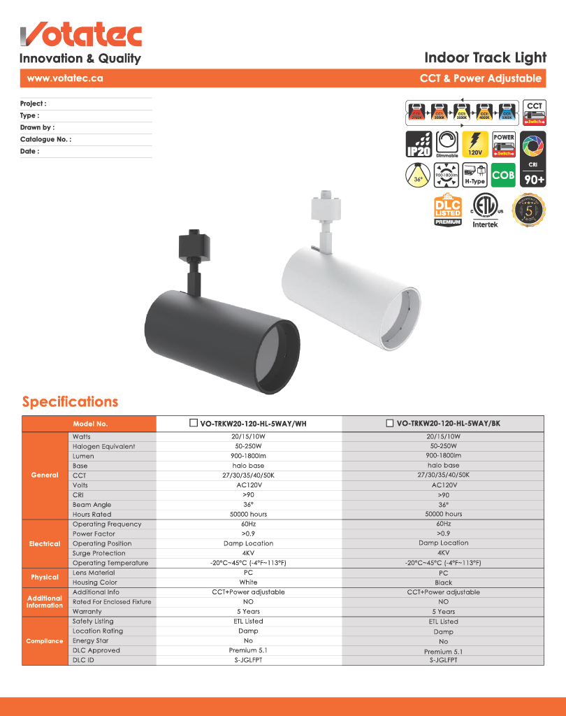 Votatec LED Track Light Head 10W/15W/20W ADJ  5-CCT, Halo Base, CRI90