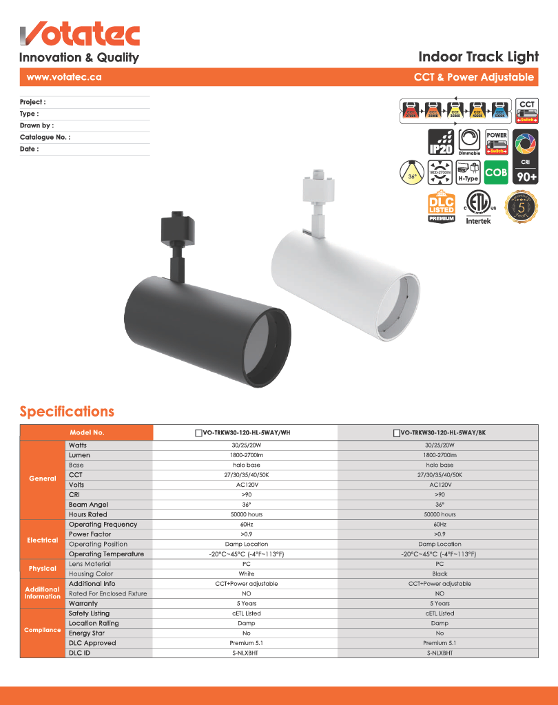 Votatec Indoor Led Track Light Heads - CCT & Power Adjustable, 3 wire (H-type ) 30W 5CCT