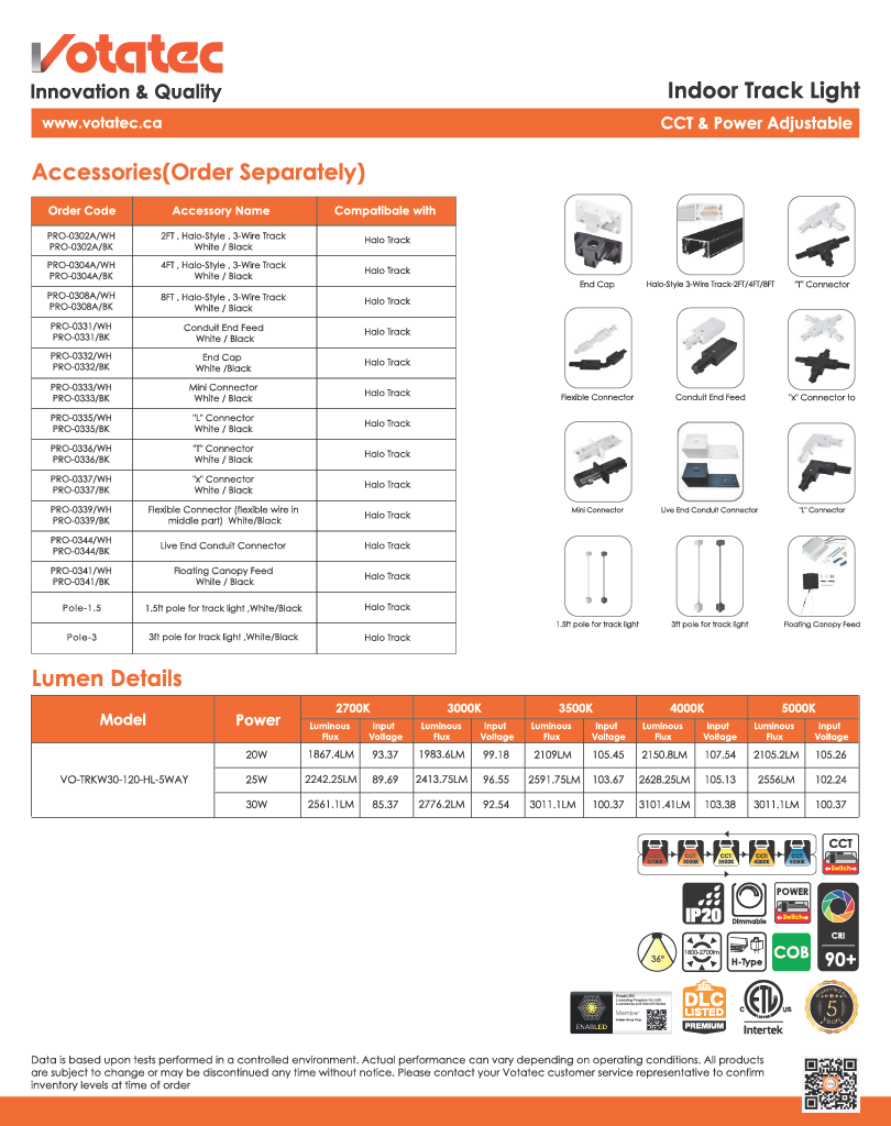 Votatec Indoor Led Track Light Heads - CCT & Power Adjustable, 3 wire (H-type ) 30W 5CCT