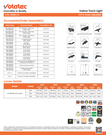 Votatec Indoor Led Track Light Heads - CCT & Power Adjustable, 3 wire (H-type ) 30W 5CCT