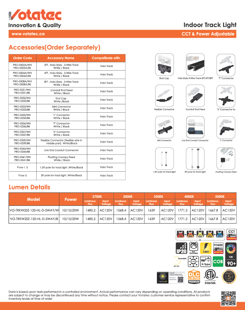 Votatec Indoor Track Light-CCT & Power Adjustable, 3 wire (H-wire),Zoomable