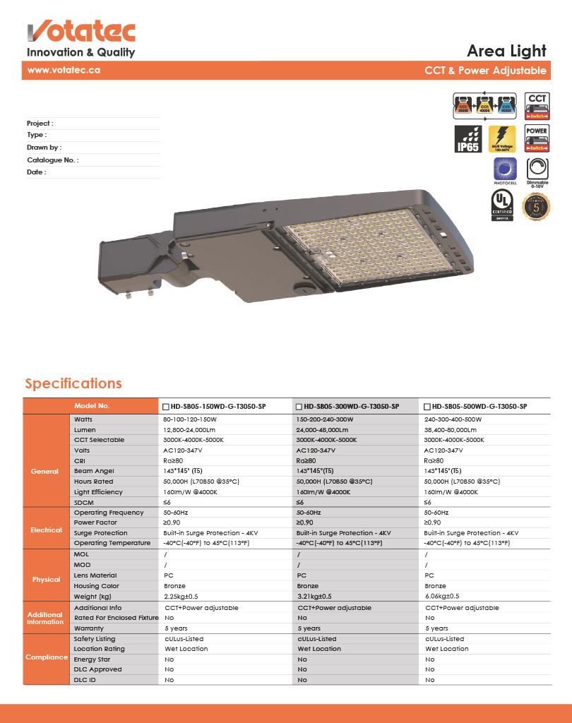 Votatec LED Shoebox Area Light 100W/120W/150W ADJ,3CCT, Photocell,Type III, IP65
