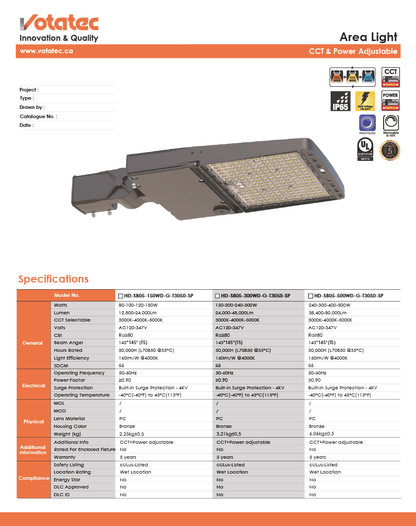 LED Shoebox Area Light 240W/300W/400W/500W ADJ, 3CCT, Type III, IP65