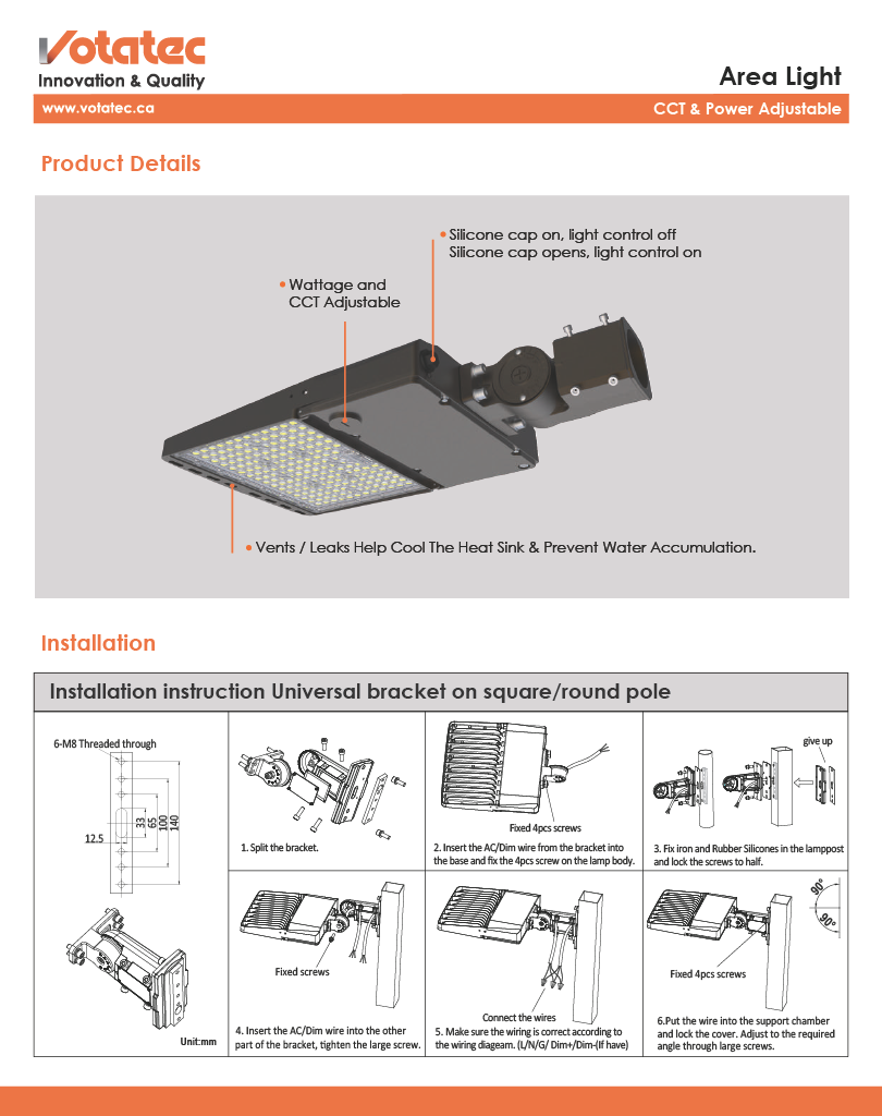 Votatec LED Shoebox Area Light 100W/120W/150W ADJ,3CCT, Photocell,Type III, IP65