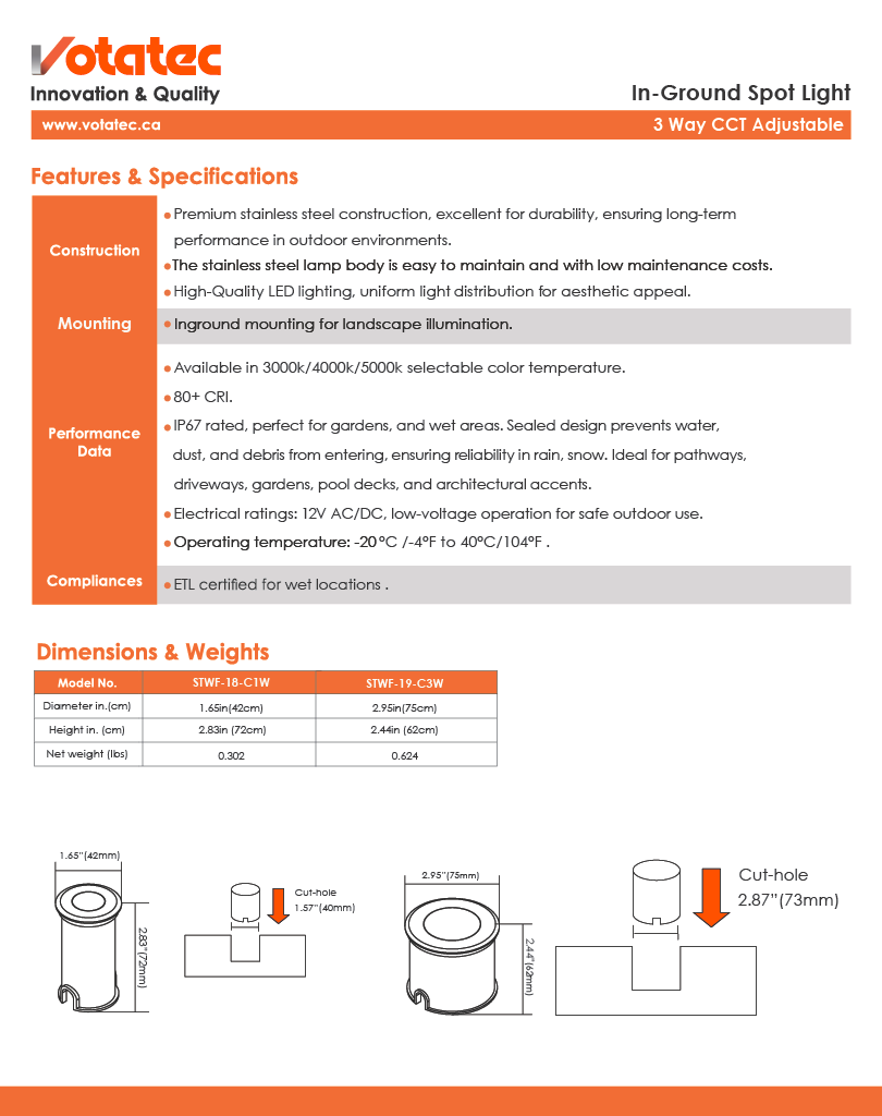 Votatec In-Ground LED Well Light  Drive-Over, 12V, 3CCT, IP67