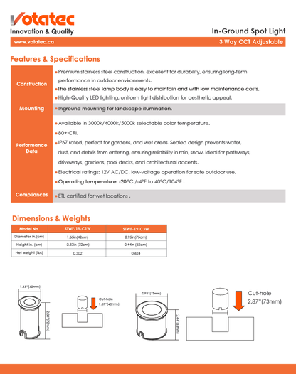 Votatec In-Ground LED Well Light  Drive-Over, 12V, 3CCT, IP67