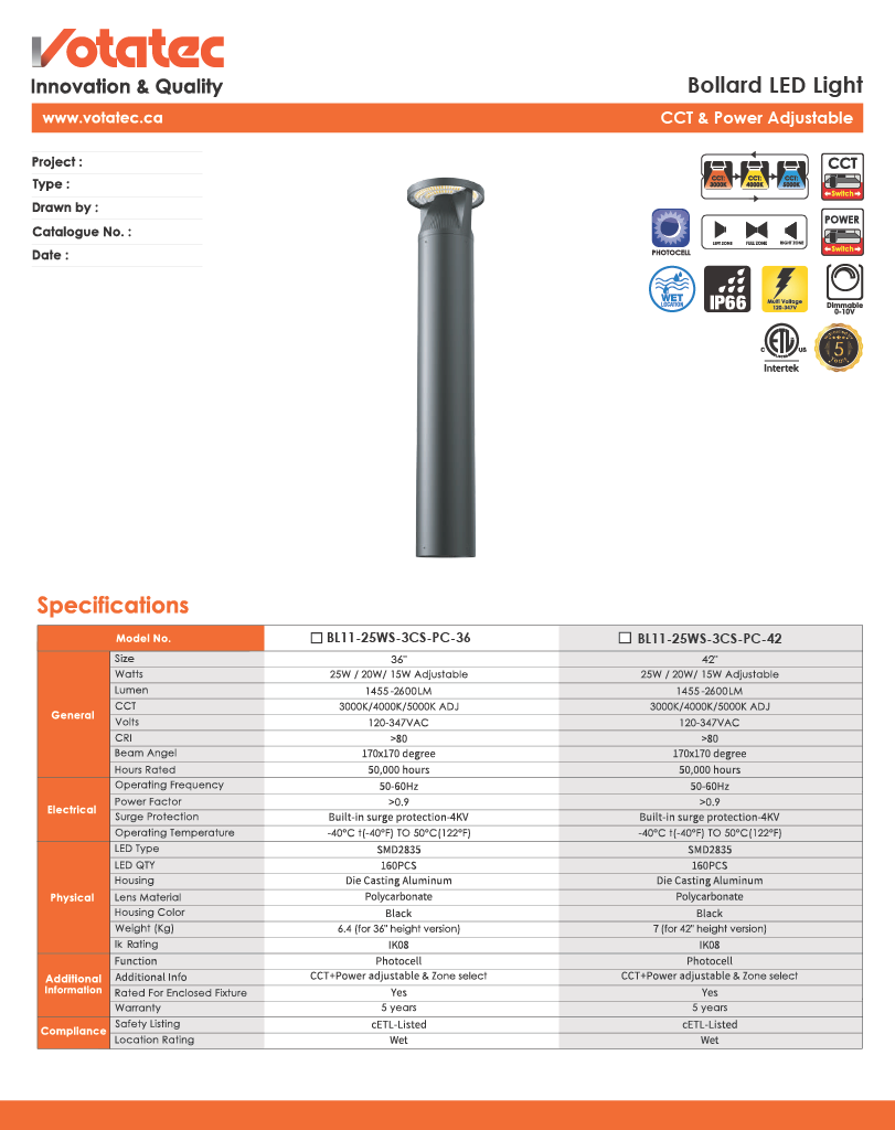 Votatec Garden Area LED Bollard Light CCT & Power Adjustable, IP65