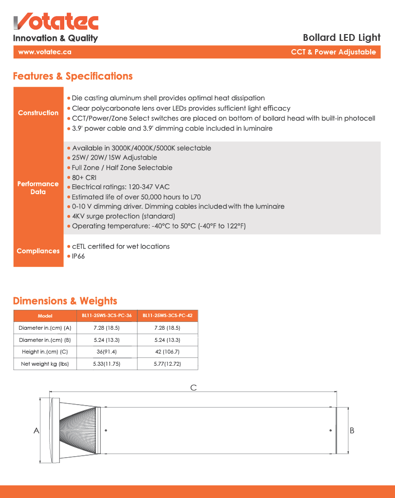 Votatec Garden Area LED Bollard Light CCT & Power Adjustable, IP65
