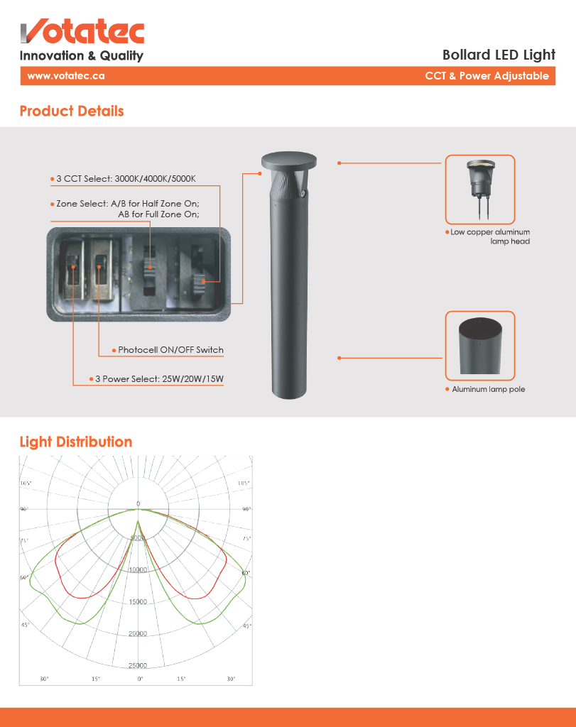 Votatec Garden Area LED Bollard Light CCT & Power Adjustable, IP65