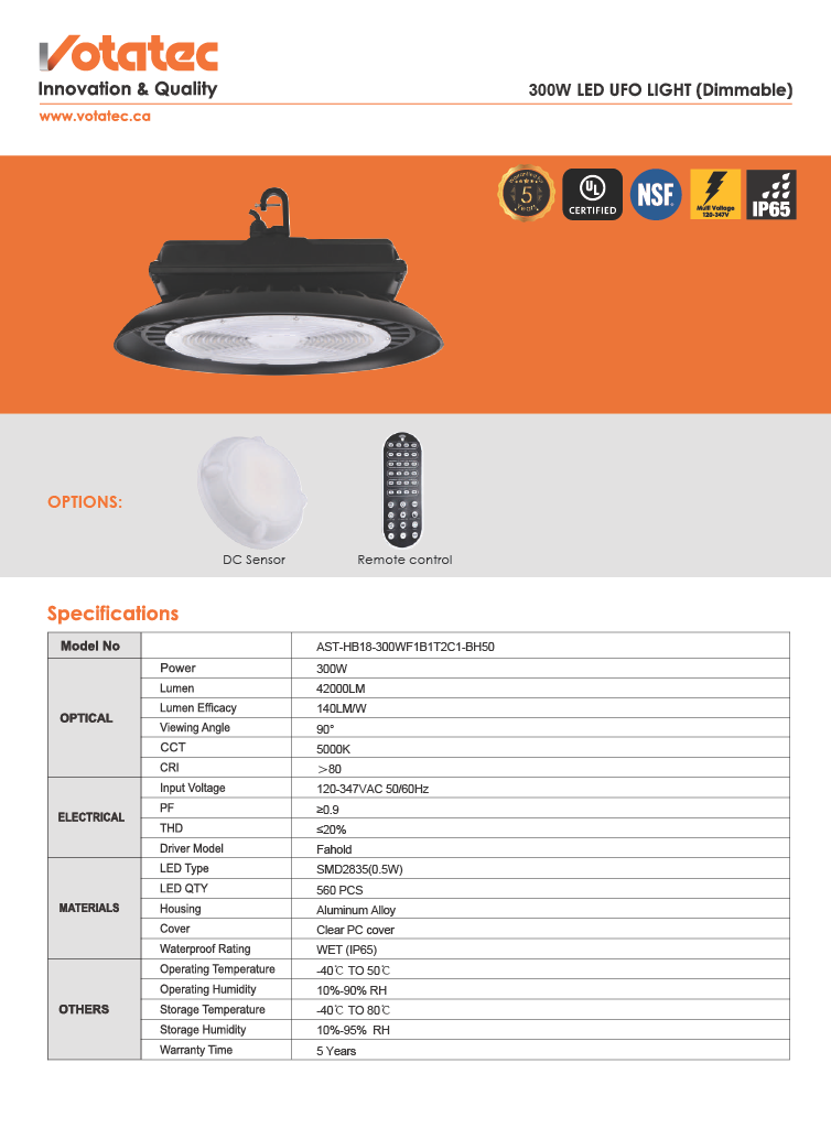 Votatec 300W UFO LED High Bay – 42,000 Lumens | 5000K | 120–347V|Dimmable